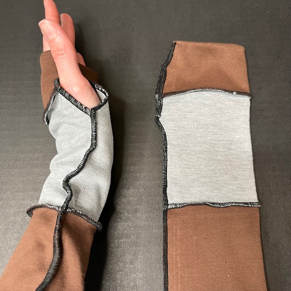 Long Striped Gloves Brown Hand Warmers Gray Armwarmers Patchwork Sleeves Y2k 90s - Picture 7 of 10